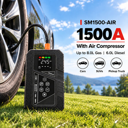 safemate SM1500 1500A Jump Starters with air compressor for cars, SUVs, Pickup Truck, Up to 8.0L Gas and 6.0L Diesel